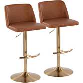 Toriano Adjustable Swivel Bar Stool in Camel Leatherette & Gold (Set of 2)